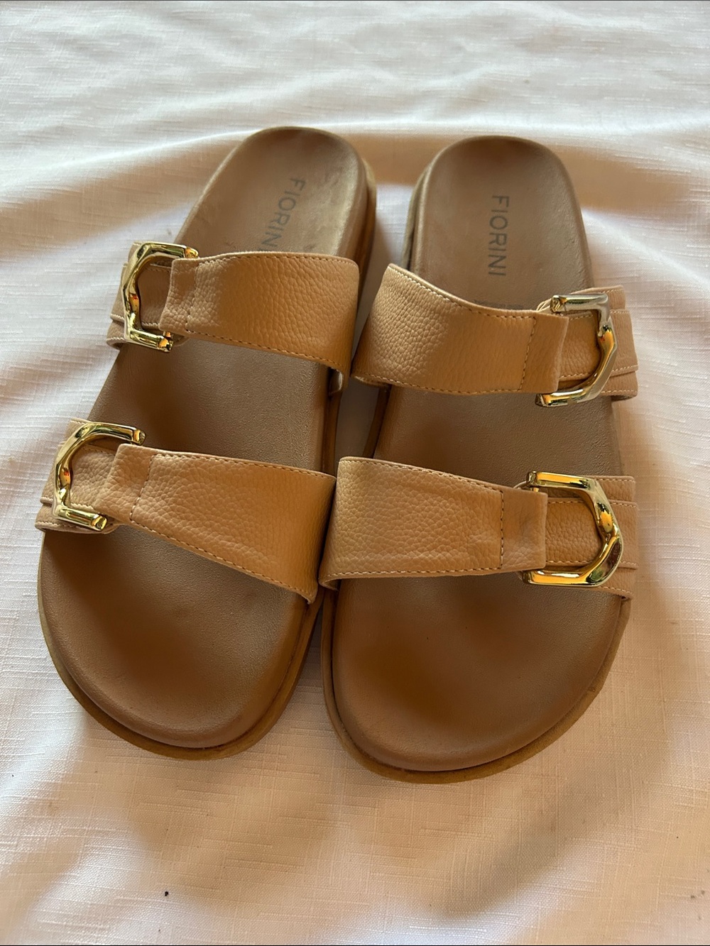 Tan Double-Strap Slide Sandals with Gold Buckles